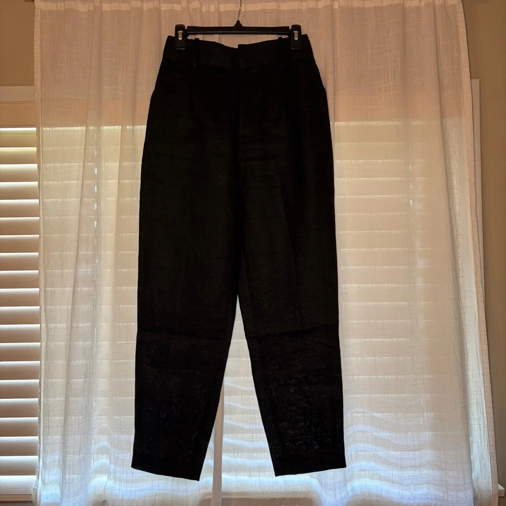 Zara Linen Pants Womens‎ Small Black High Waisted Belted Tapered Trousers Spain